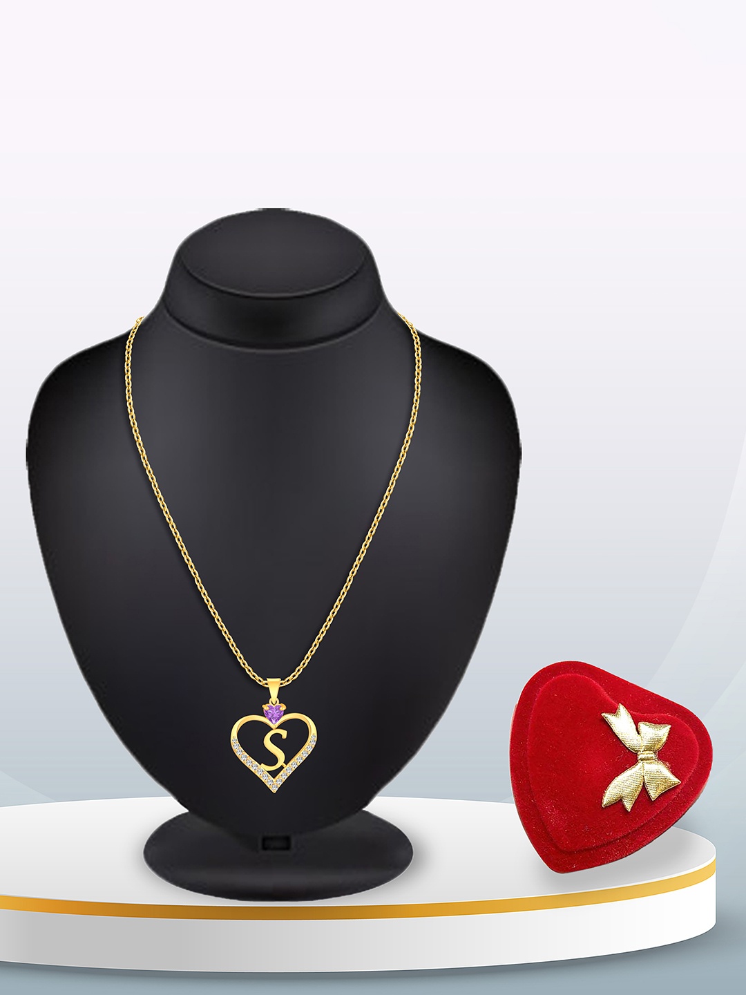 

Heer Collection Gold-Plated CZ Studded Alphabet S Heart Shaped Pendant With Chain
