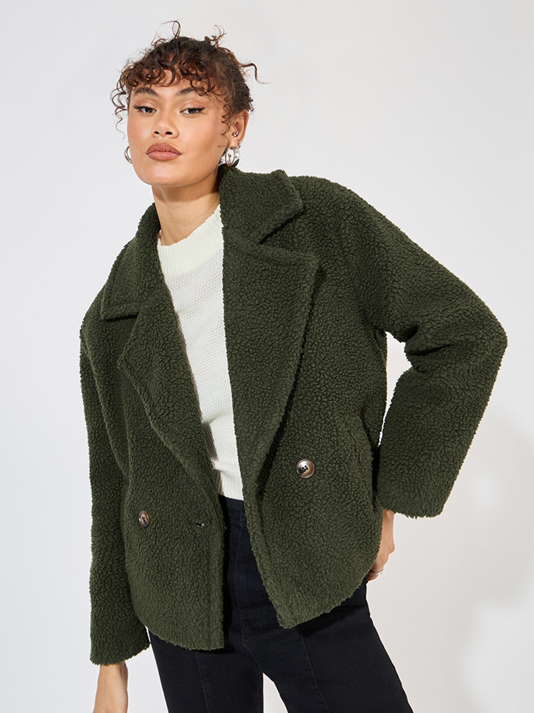 

Styli Women Oversized Fit Double-Breasted Overcoat, Olive