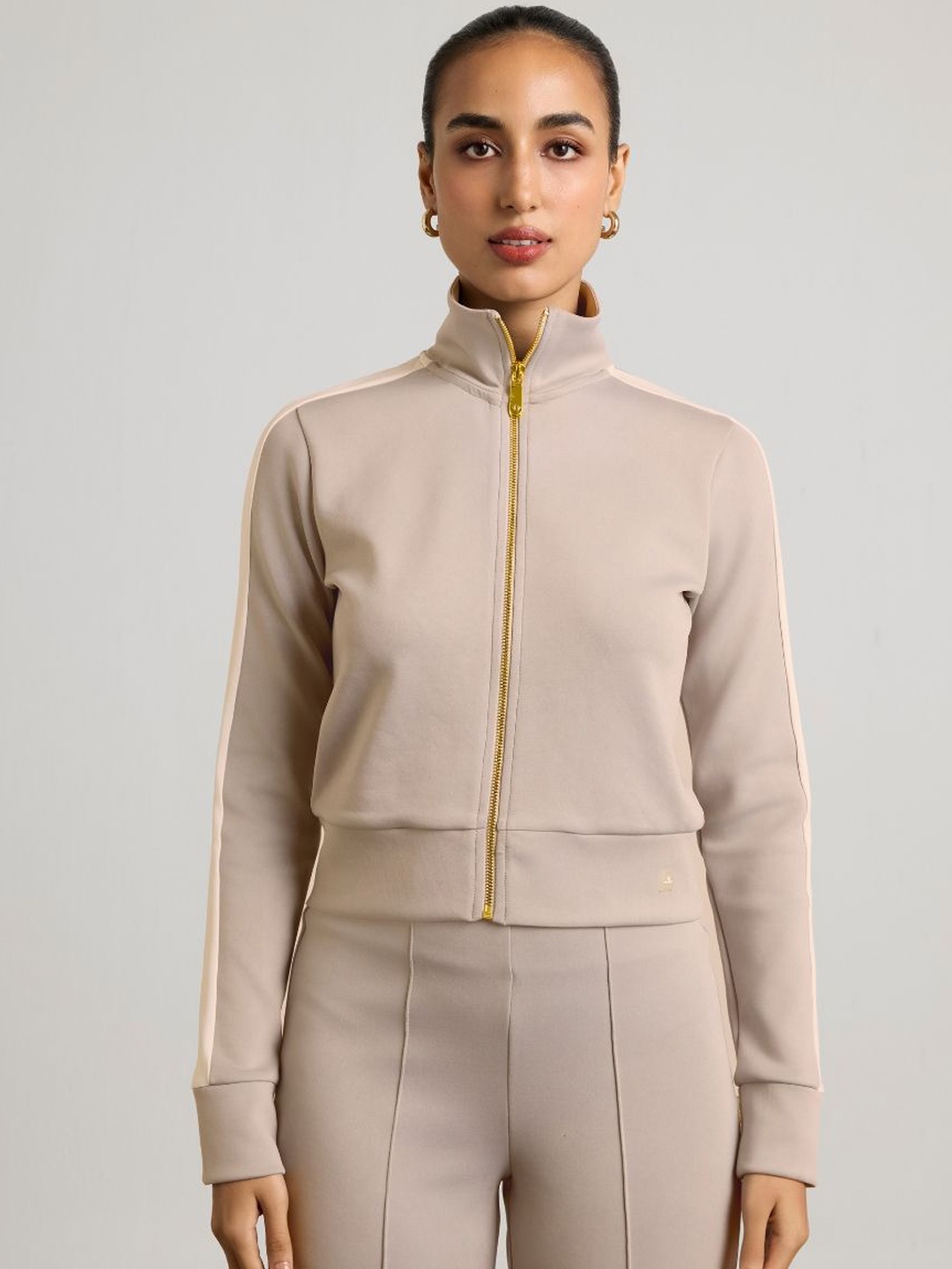 

Muvazo Women Mock Collar Solid Casual Sporty Jacket, Beige