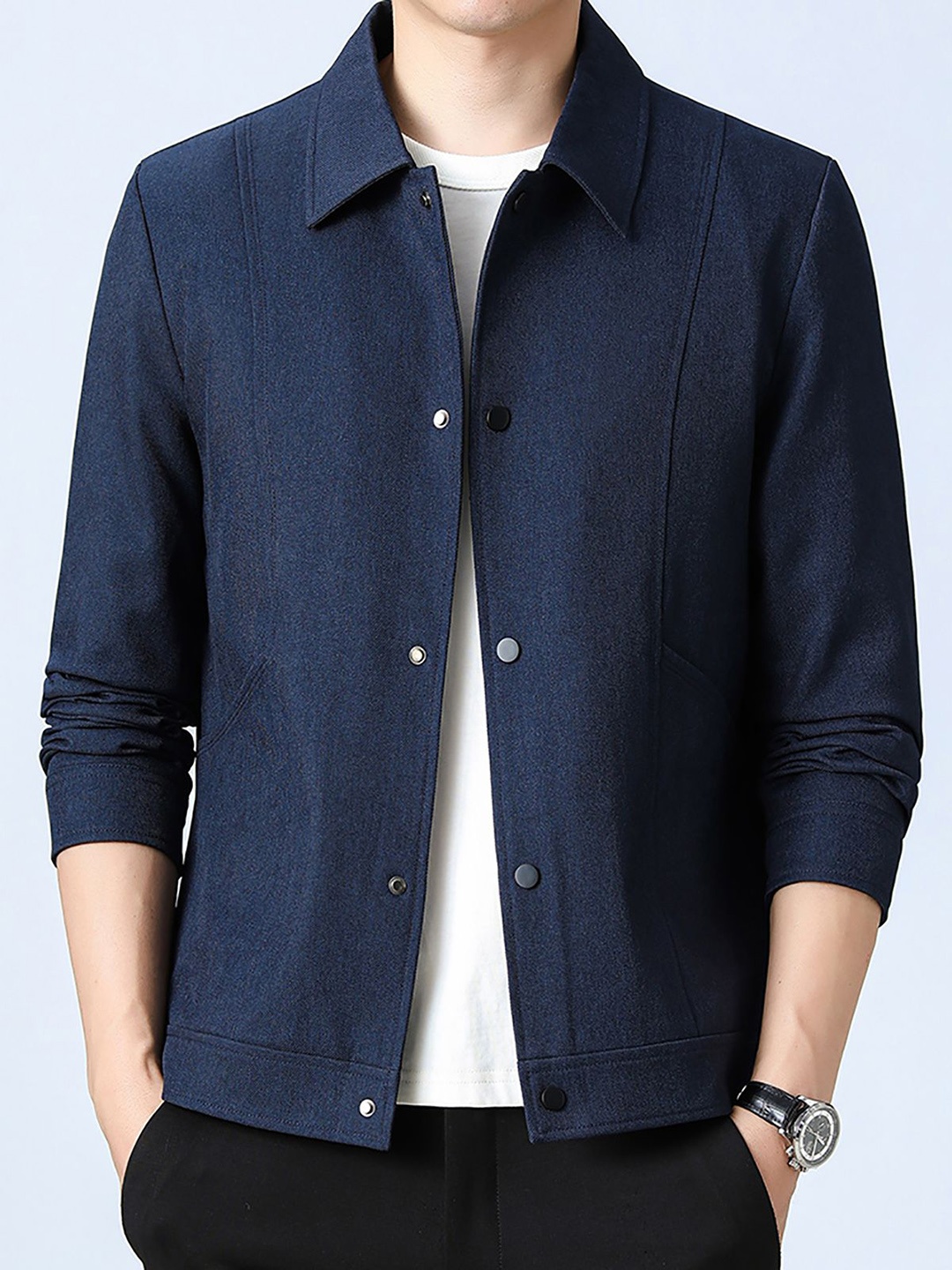 

StyleCast x Revolte Men Spread Collar Solid Casual Windcheater Jacket, Navy blue