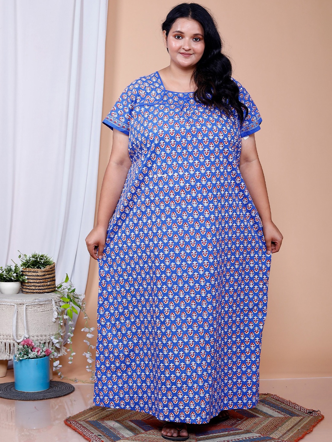 

JAIPZZ APPARELS Printed PURE COTTON Maxi Nightdress, Blue