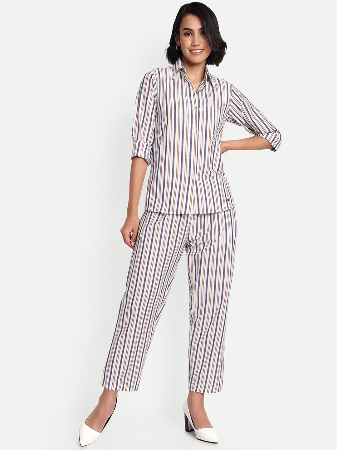 

GAB Women Striped Pure Cotton Night suit, White