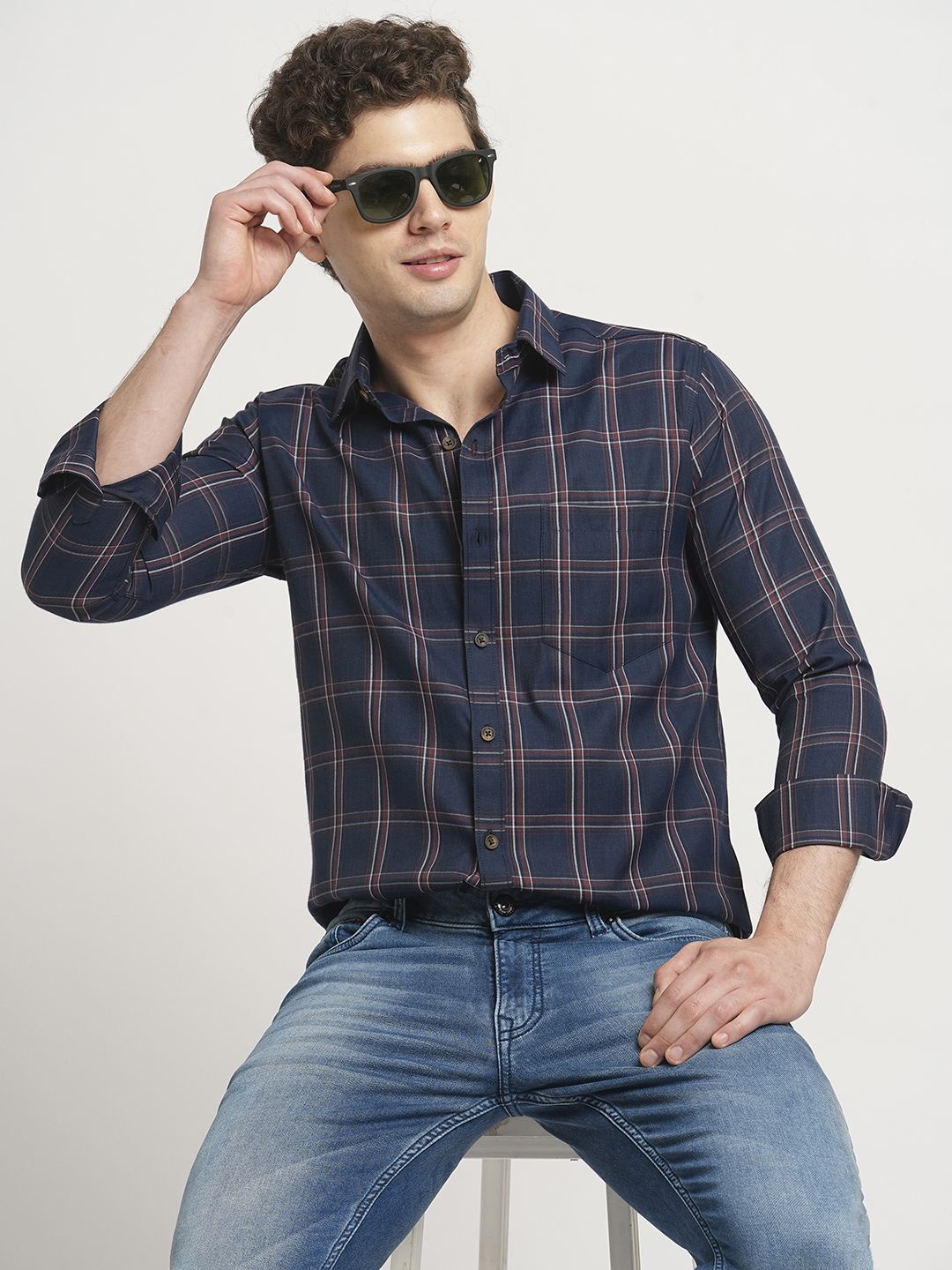 

TRYBUY.IN Men Standard Spread Collar Windowpane Checked Cotton Casual Shirt, Navy blue