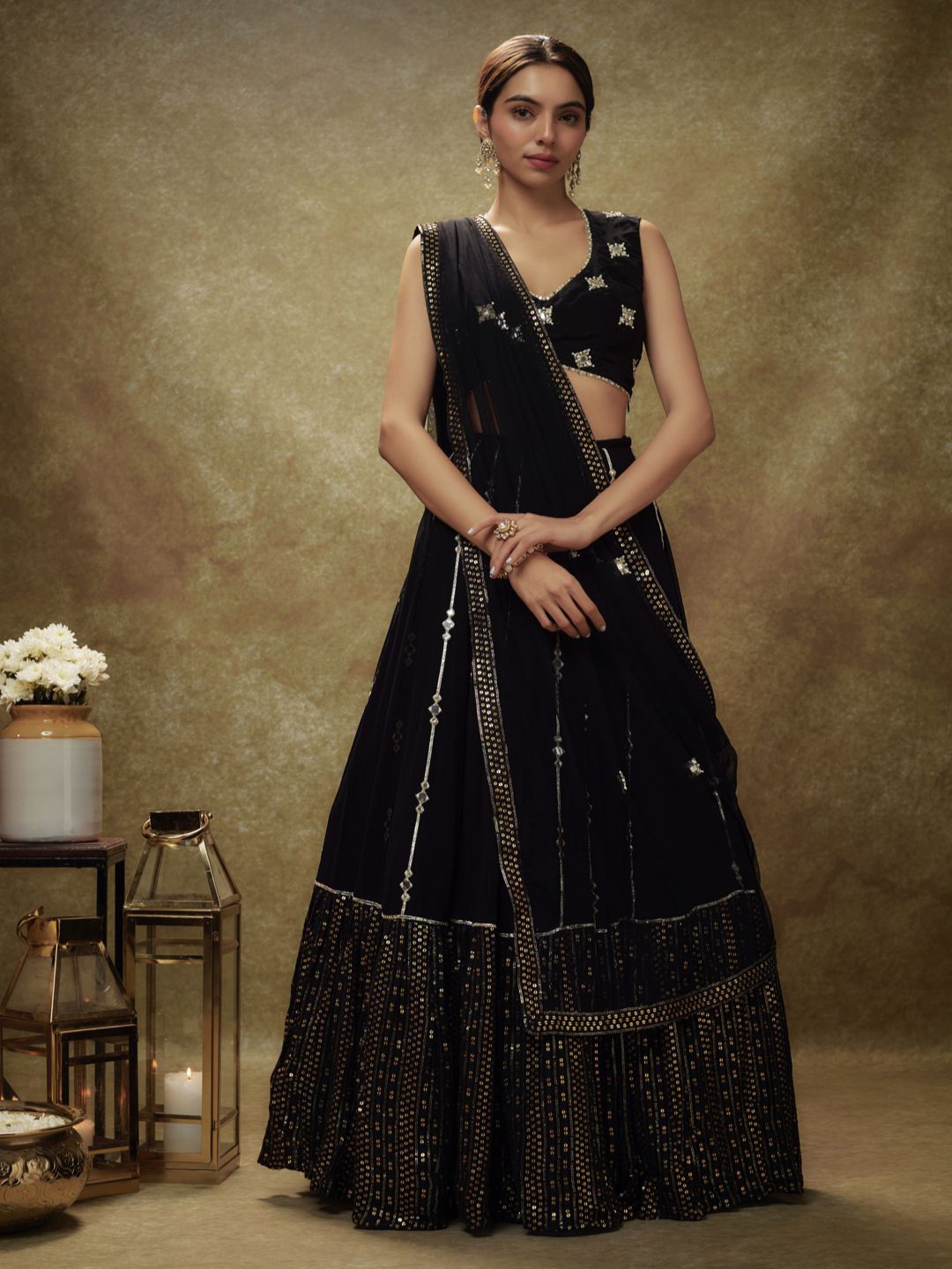 

Renee Label Embroidered Ready to Wear Lehenga & Blouse With Dupatta, Black