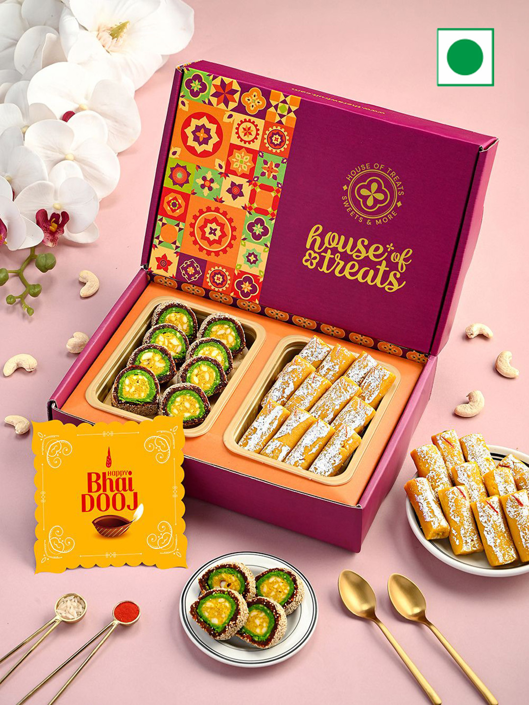

RawFruit Bhai Dooj Set Of 2 Sweets Greeting Card With Roli & Rice Gift Set, Pink