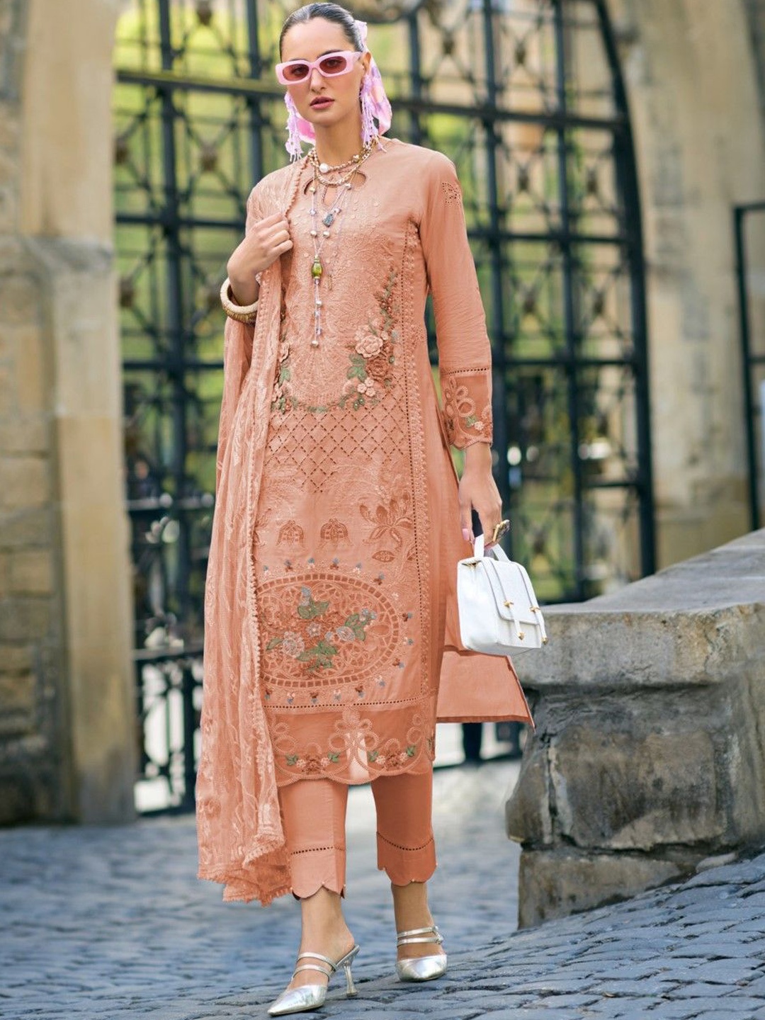 

AUTUMN LANE Floral Embroidered Thread Work Pure Cotton Kurta with Trouser & Dupatta, Pink