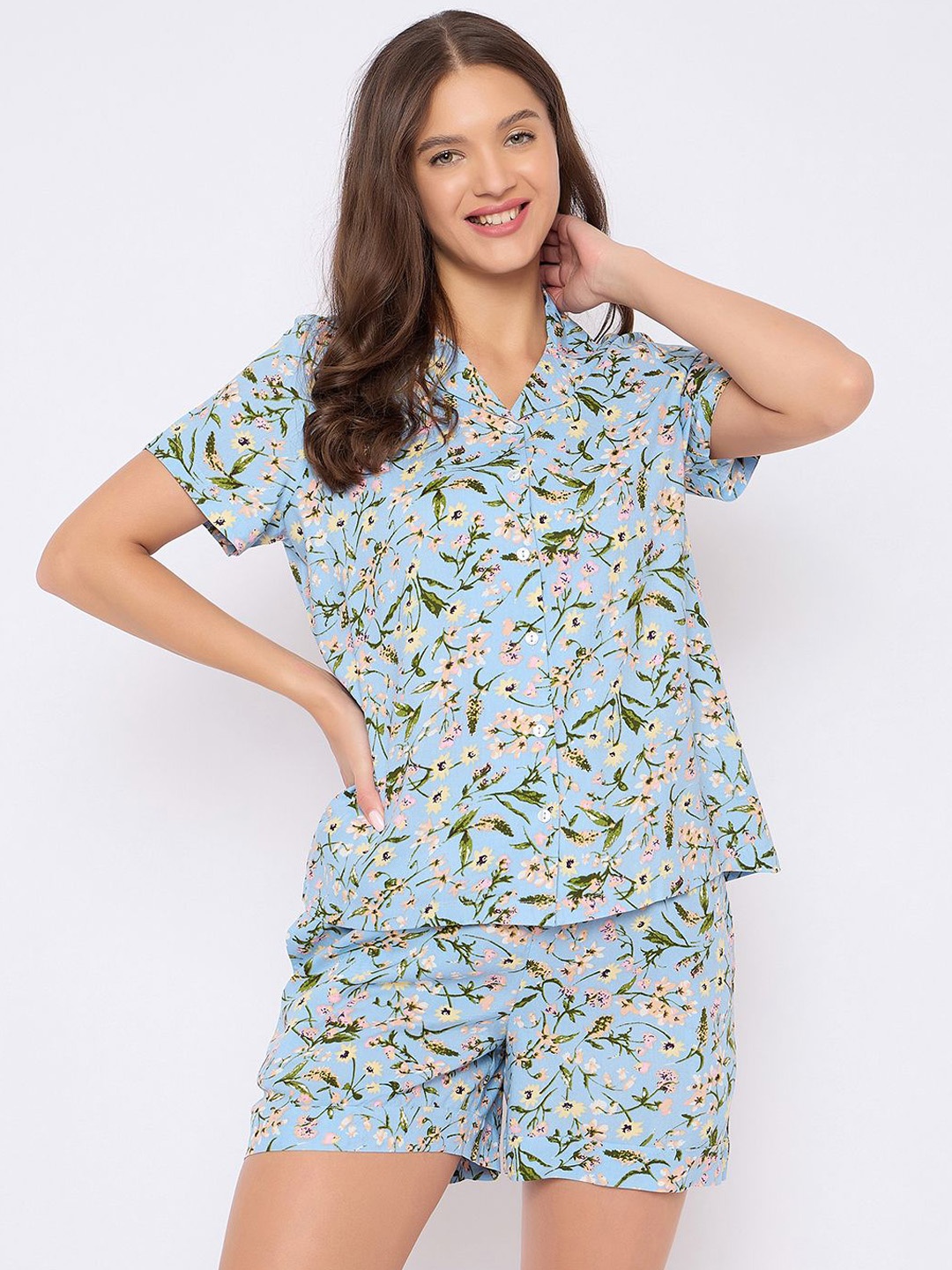 

Clovia Women Shirt Collar Floral Printed Night suit, Blue