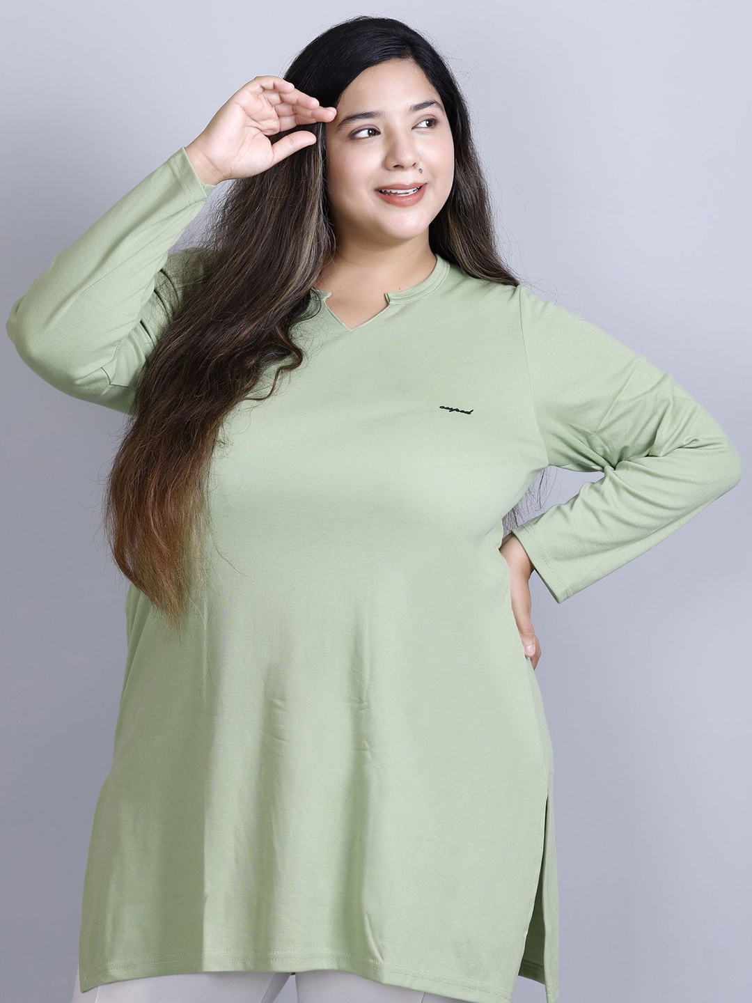 

CUPID Women Solid Mandarin Collar Cotton Top, Sea green