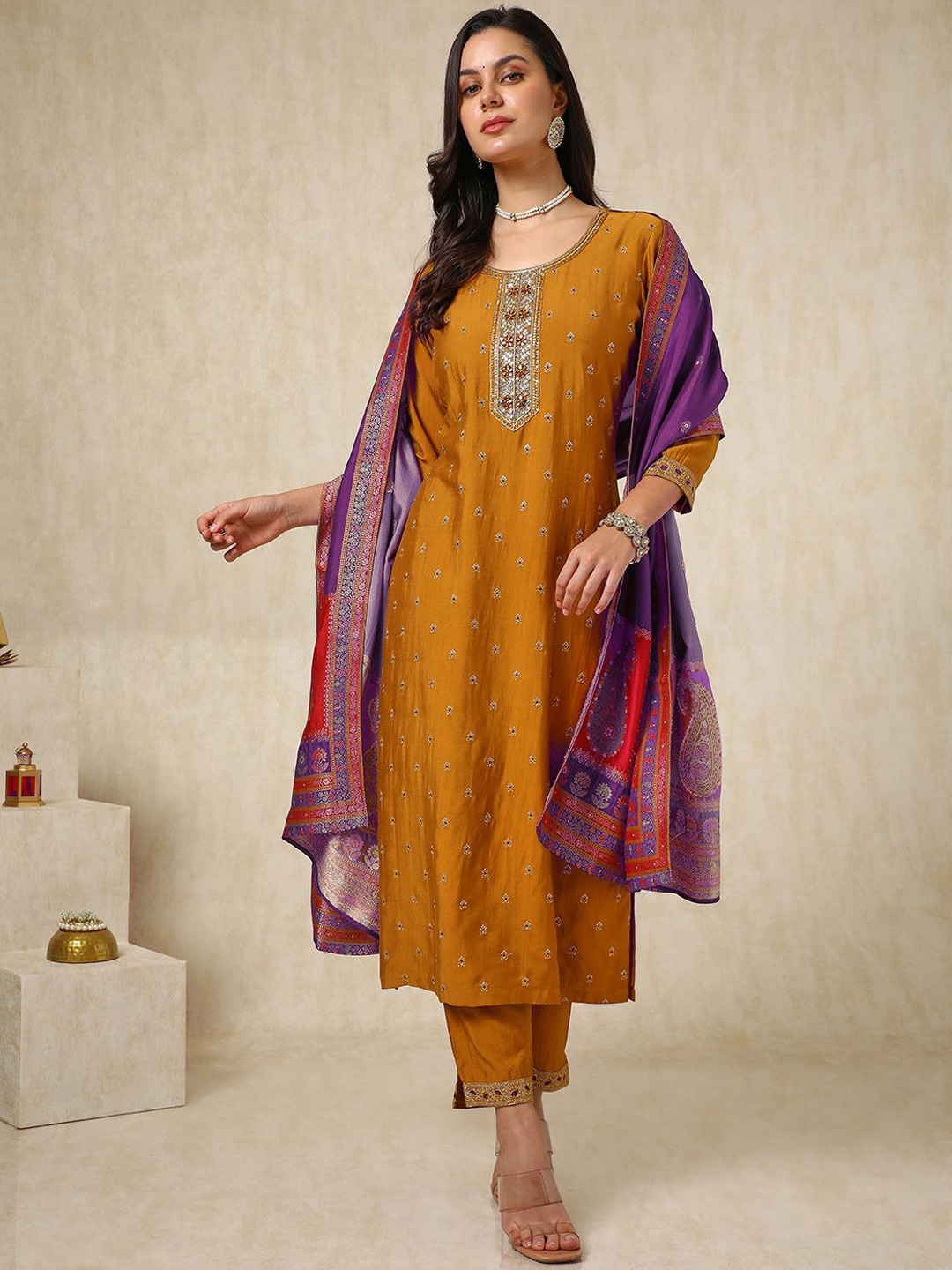 

Soch Ethnic Motifs Embroidered Mirror Work Straight Kurta with Trousers & Dupatta, Mustard