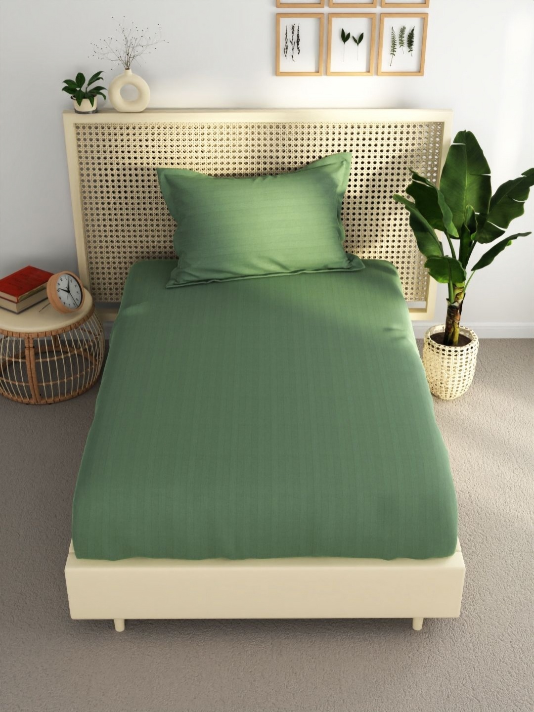 

BIANCA Green Striped Pure Cotton 210 TC Single Bedsheet & 1 Pillow Covers 1.60 x 2.36 Mts