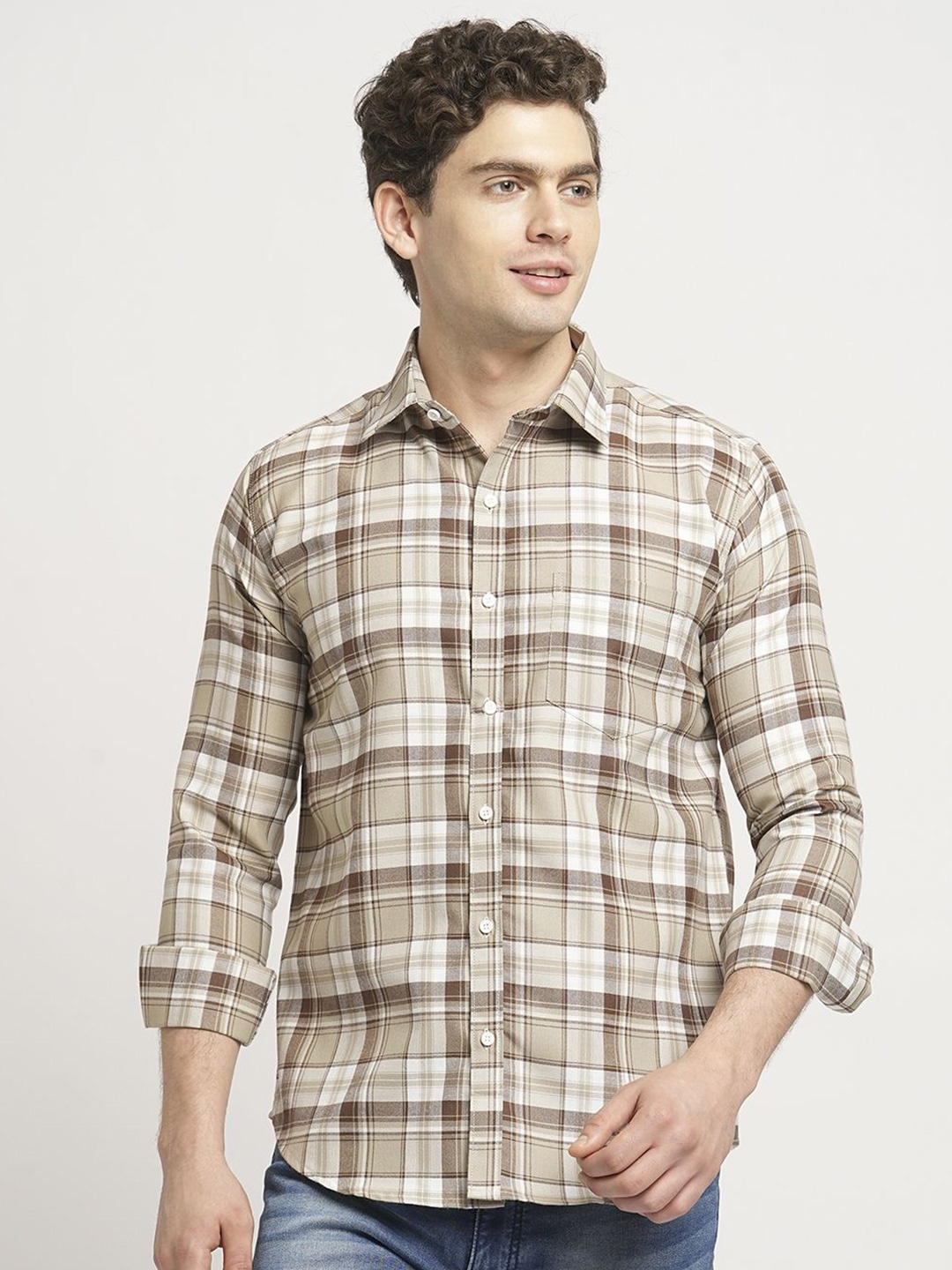 

TRYBUY.IN Men Standard Spread Collar Tartan Checked Cotton Casual Shirt, Brown