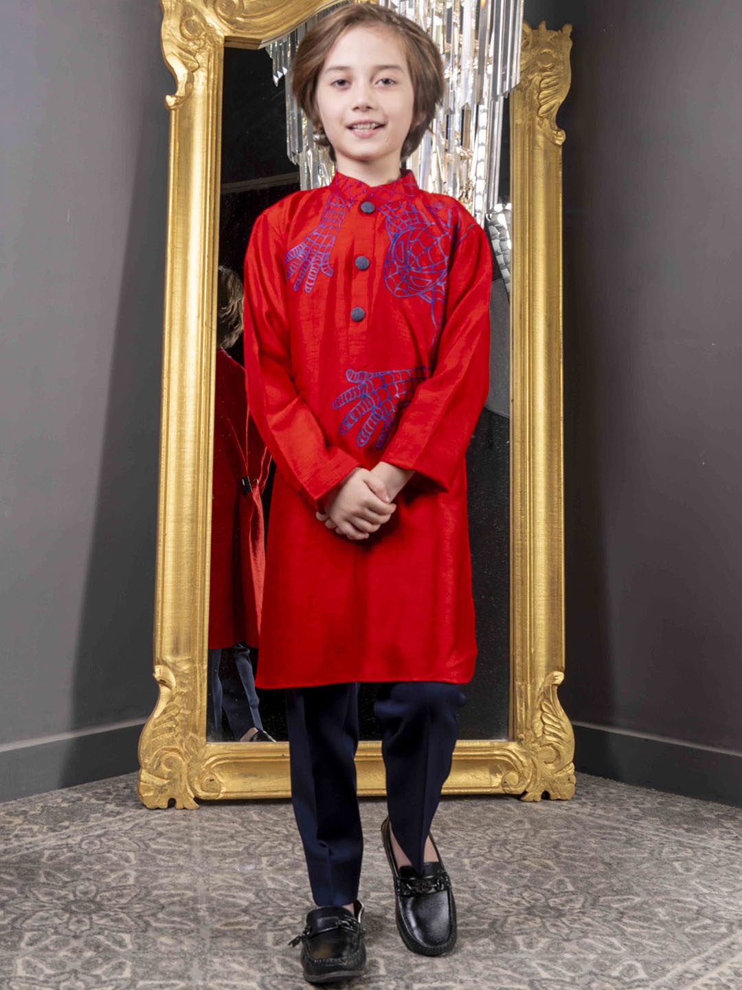 

HOITY MOPPET Boys Printed Mandarin Collar Kurta With Trousers, Red