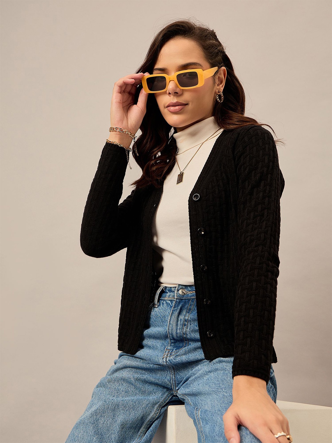 

The Roadster Lifestyle Co. Women Cable Knit V-Neck Cardigan Sweater, Black