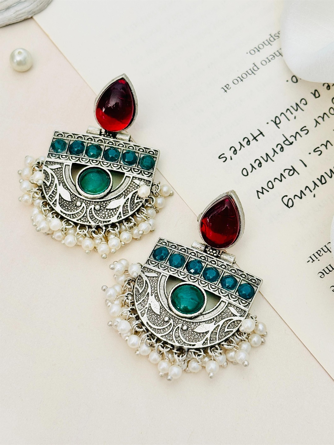 

ABDESIGNS Silver Plated Stone Studded & Beaded Enthralling Classic Drop Earrings