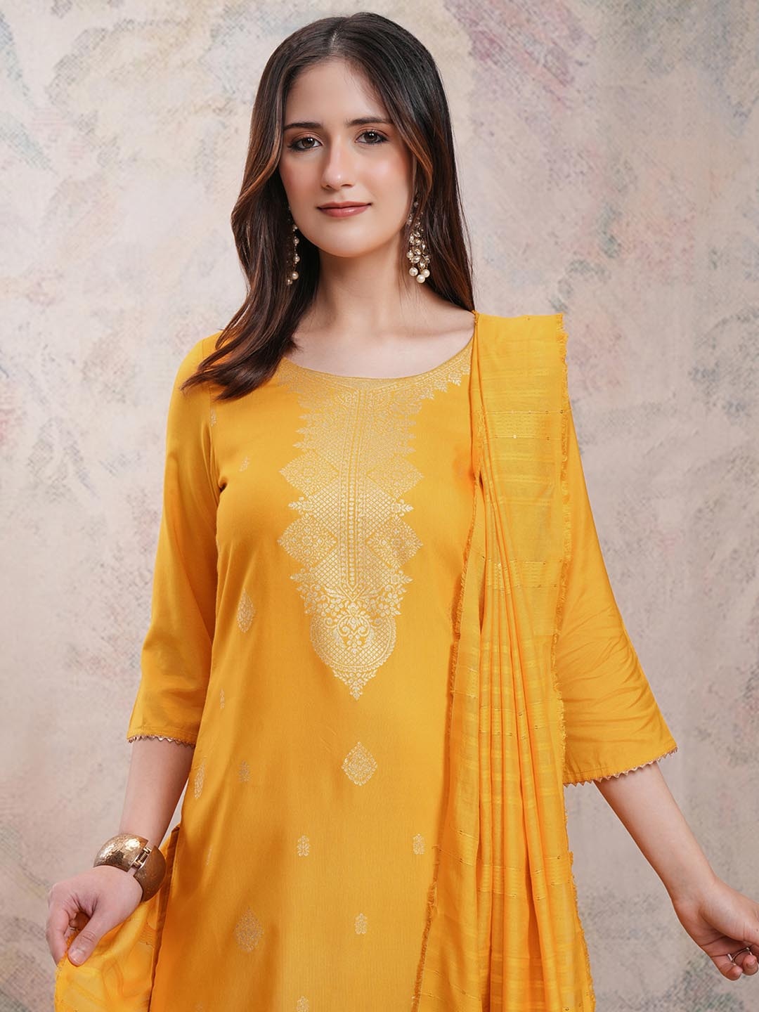 

Vishudh Ethnic Motifs Printed Straight Kurta With Trousers & Dupatta, Yellow