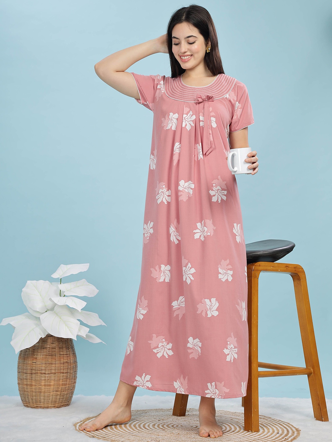 

9shines Label Printed Cotton Blend Maxi Nightdress, Peach