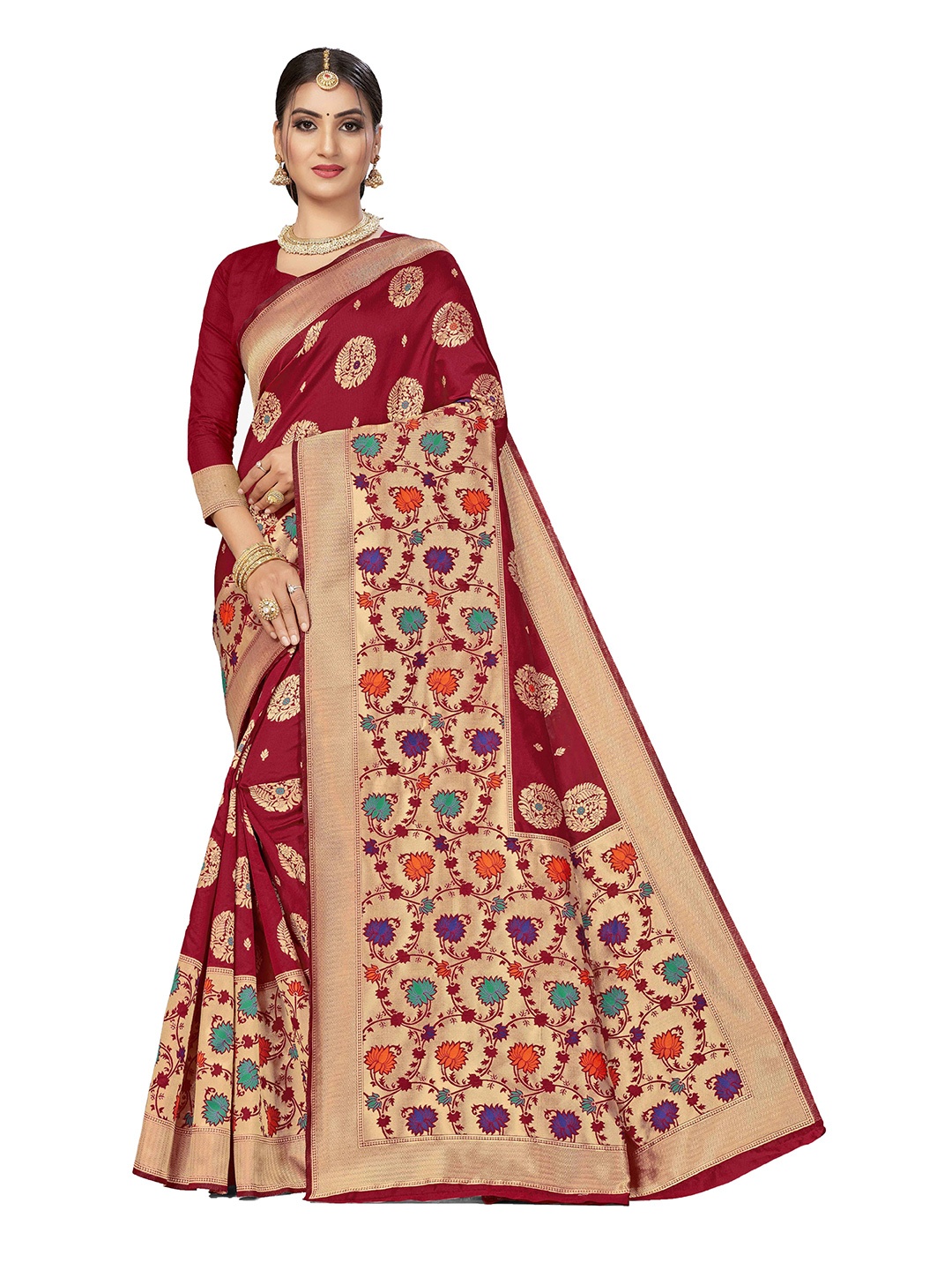 

Maroosh Floral Zari Silk Blend Banarasi Saree, Maroon