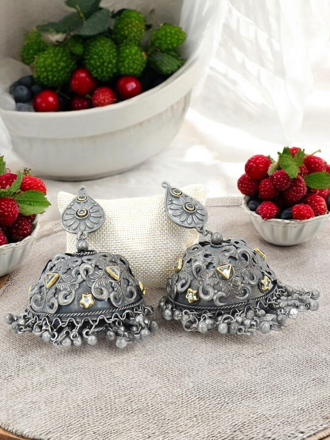 

VAGHBHATT Sterling Silver Dome Shaped Oxidised Drop Earrings