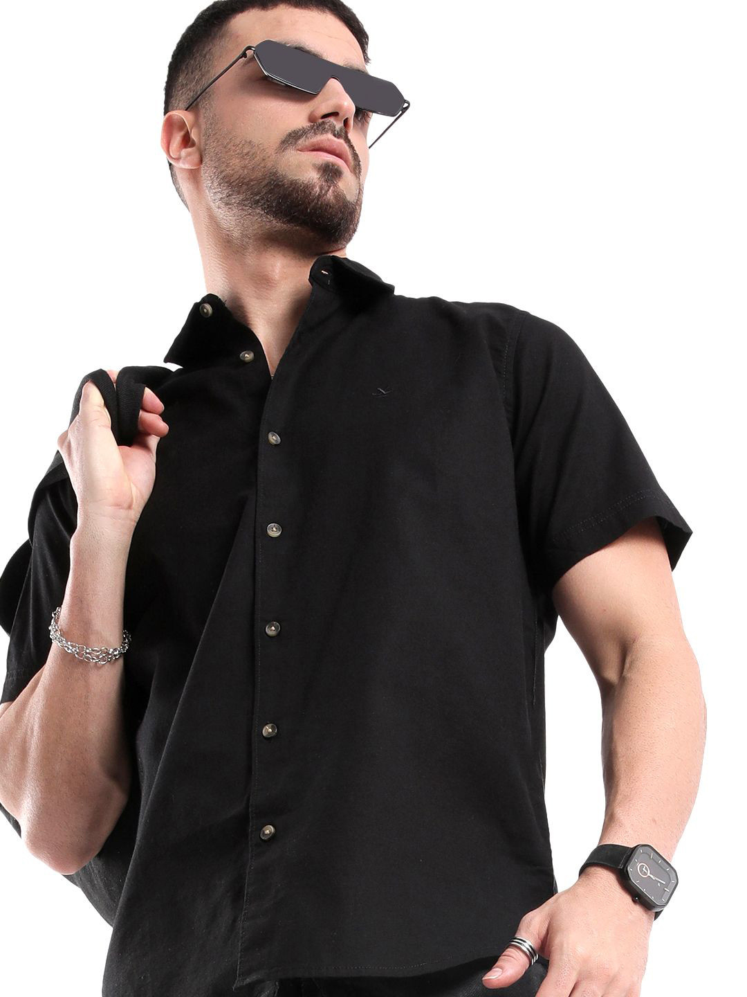 

WROGN Men Spread Collar Solid Cotton Casual Shirt, Black