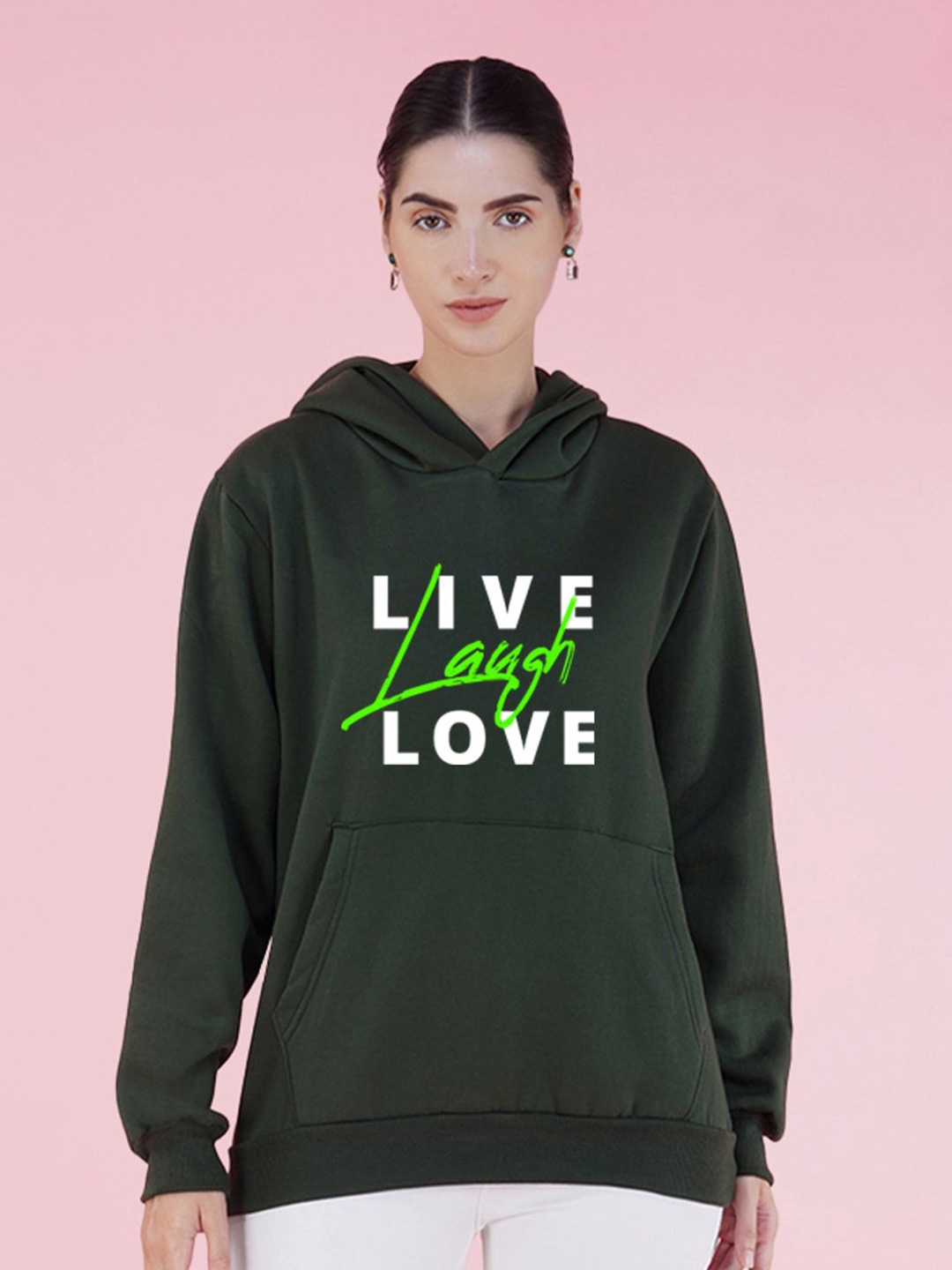 

NUSYL Women Typography Printed Hood Fleece Pullover Oversized Sweatshirt, Green