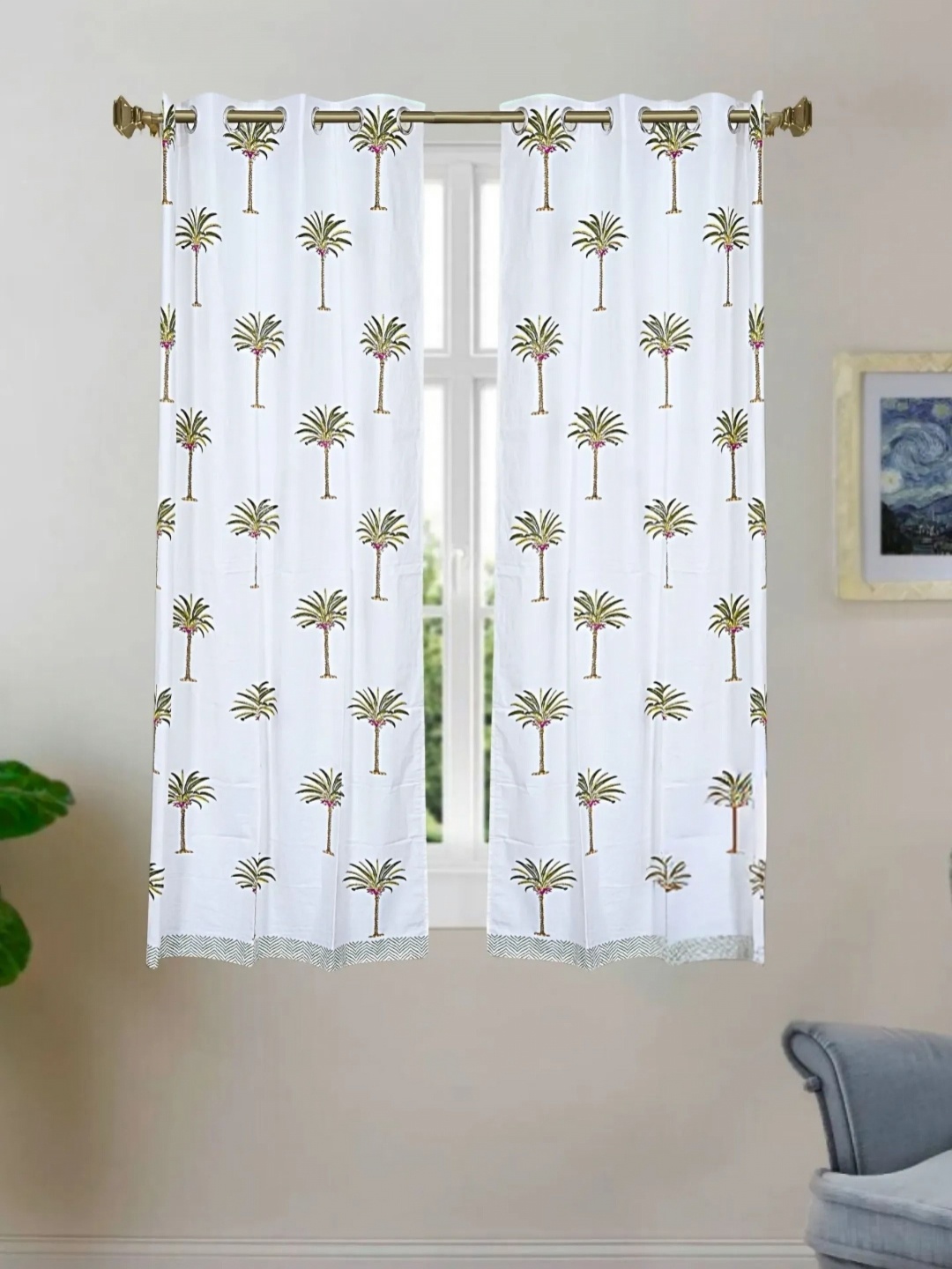 

LIVING ROOTS White & Green 2 Pieces Tropical Block Printed Elegant Cotton Window Curtains