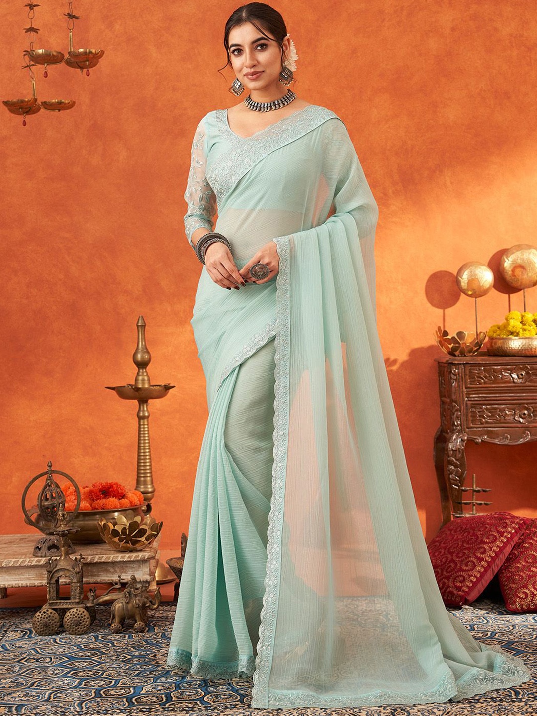 

Anouk Sequined Embellished Party Wear Saree, Sea green