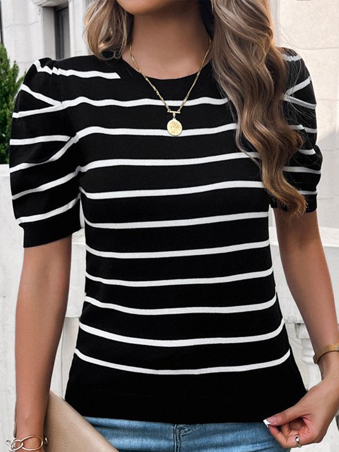

StyleCast Women Horizontal Striped Round Neck Top, Black