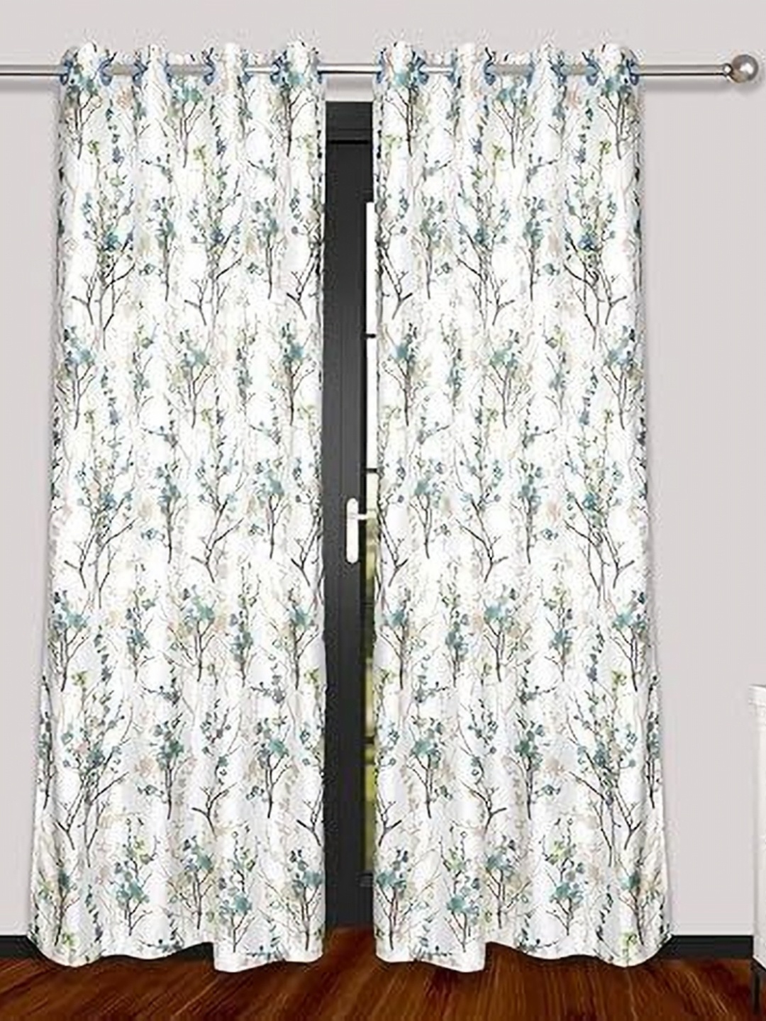 

Banchmark Home Furnishin Set Of 2 White & Blue Printed Light Filtering Curtains