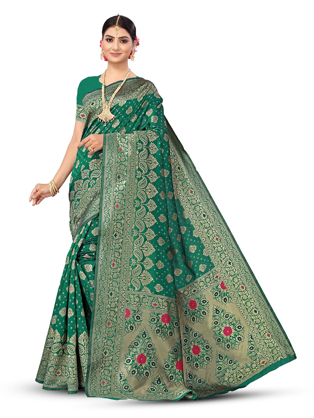 

Maroosh Floral Zari Silk Blend Fusion Banarasi Saree with unstitched blouse piece, Green