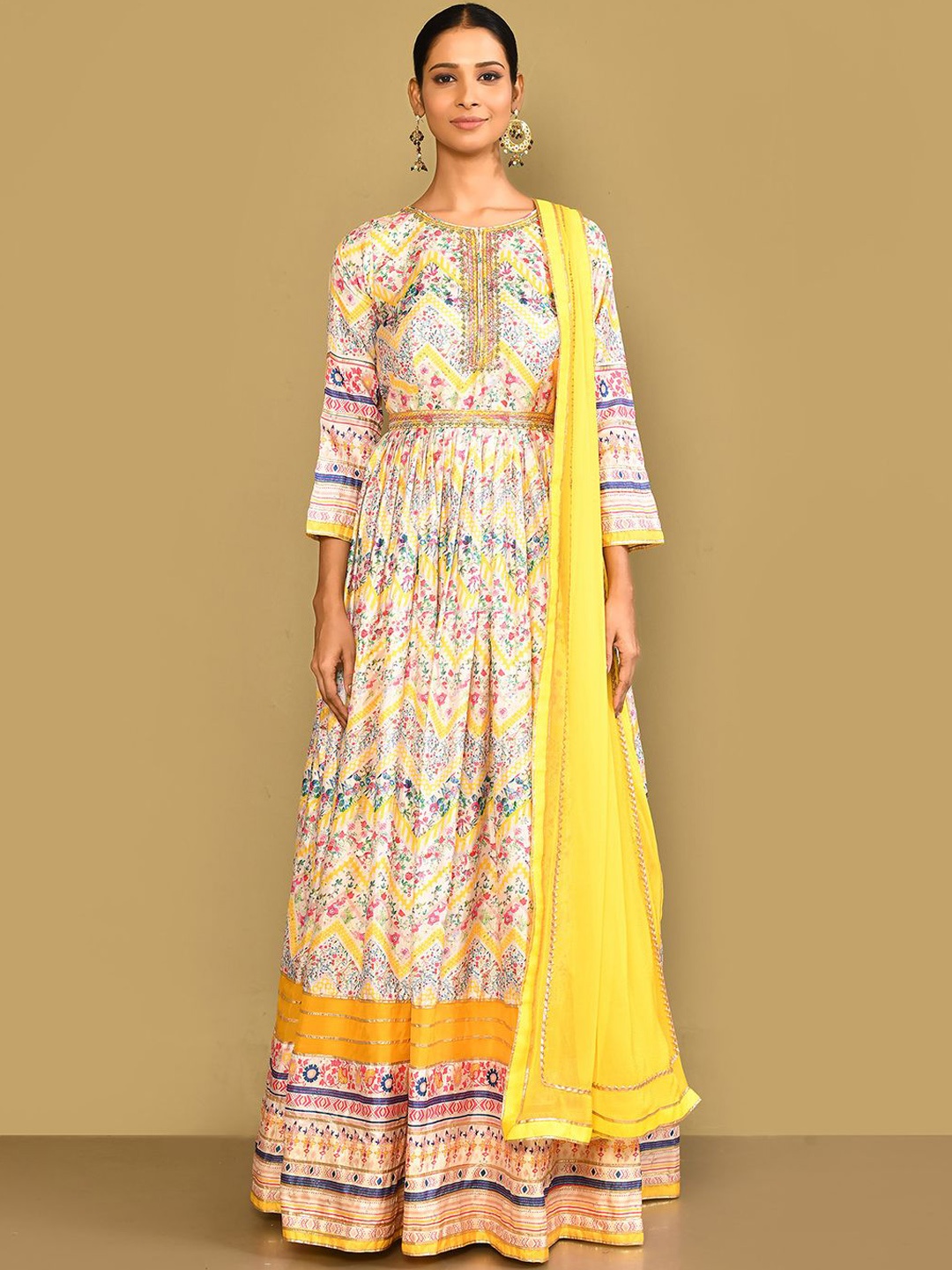 

Samyukta Singhani Floral Printed Georgette Anarkali With Dupatta, Yellow