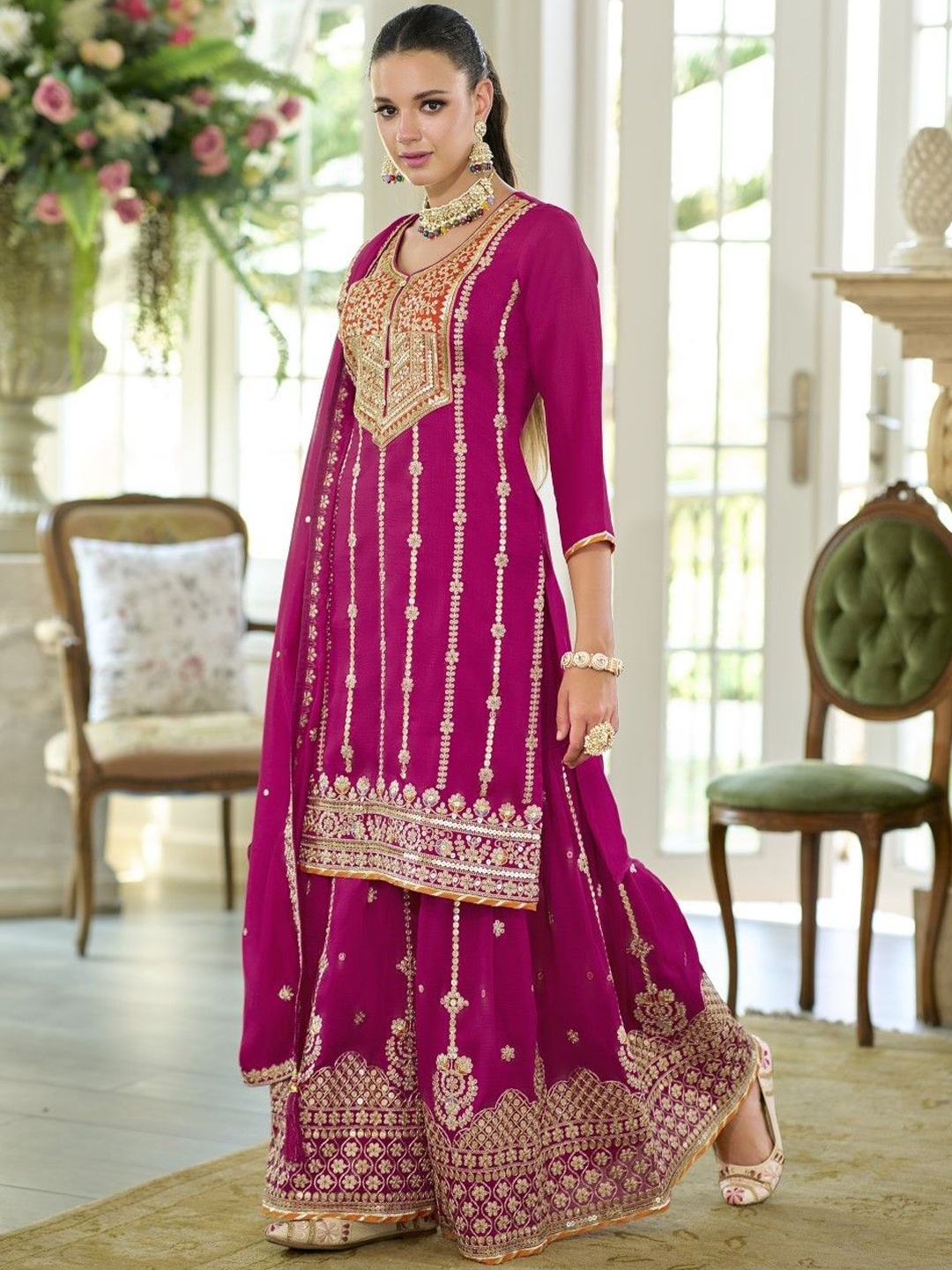 

AUTUMN LANE Floral Embroidered Sequinned Straight Kurta with Palazzo & Dupatta, Magenta