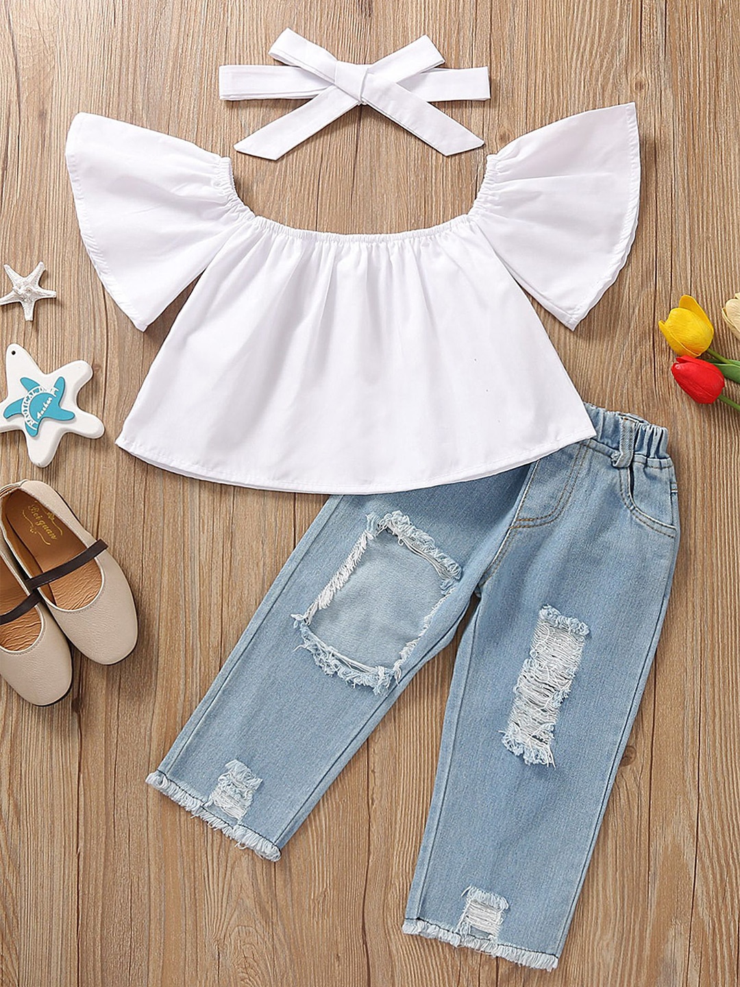 

LULU & SKY Girls Top with Skinny Ripped Jeans & Hairband, White