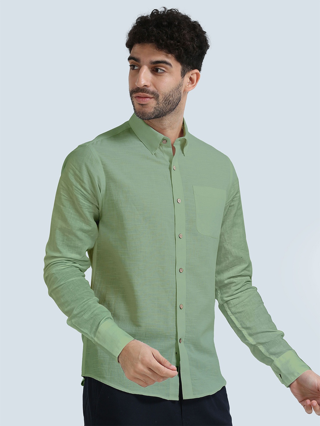 

THE FORMAL CLUB Men Premium Spread Collar Solid Linen Casual Shirt, Green