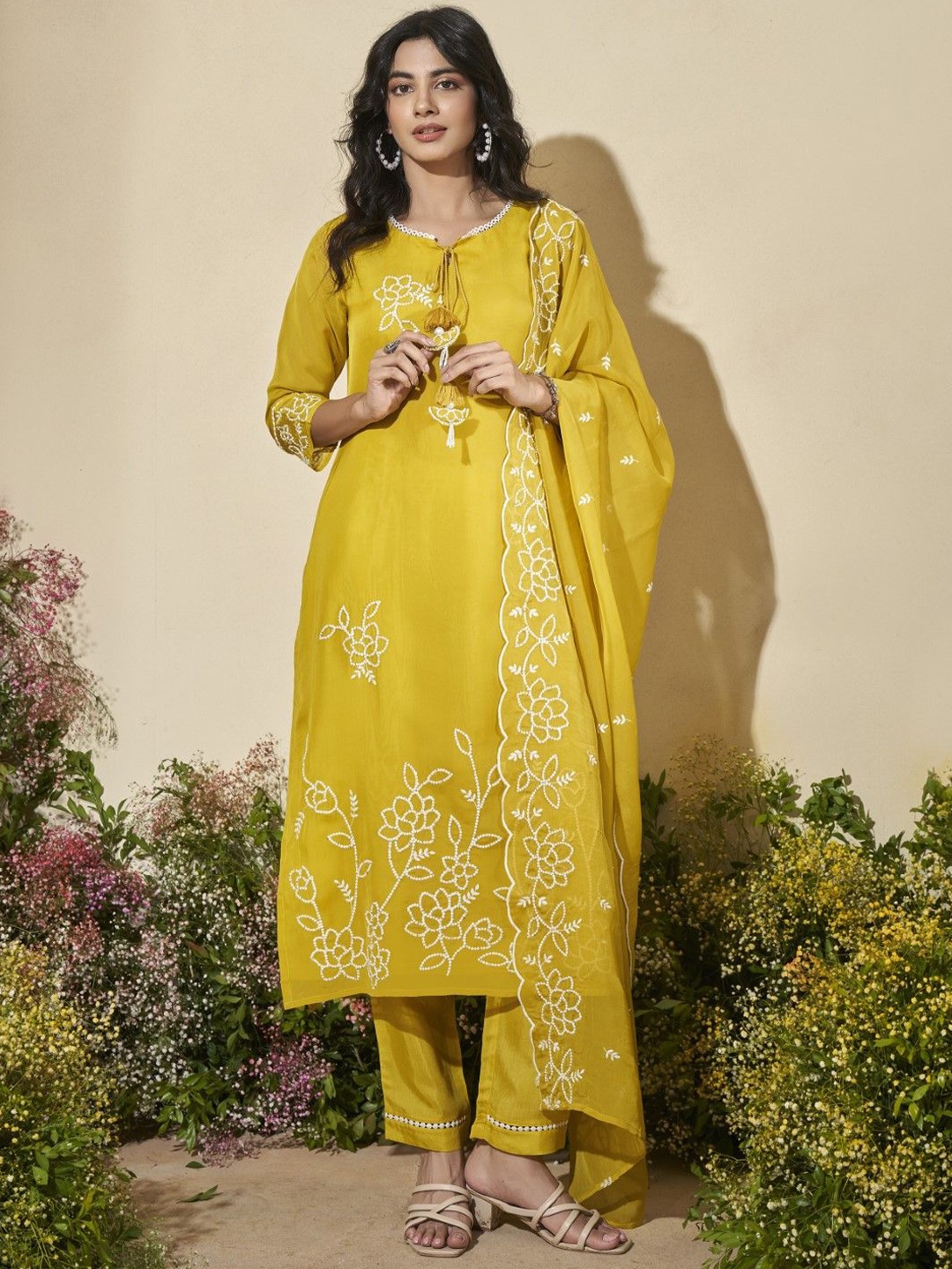 

AUTUMN LANE Floral Embroidered Thread Work Tie-Up Neck Kurta with Palazzo & Dupatta, Yellow