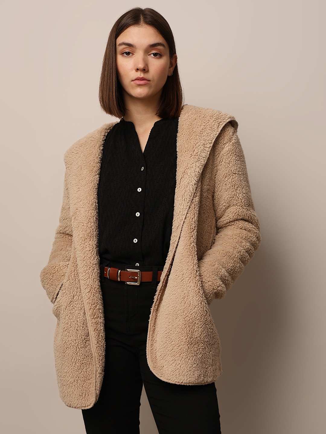 

ONLY Women Self Design Shawl Collar Single-Breasted Overcoat, Brown