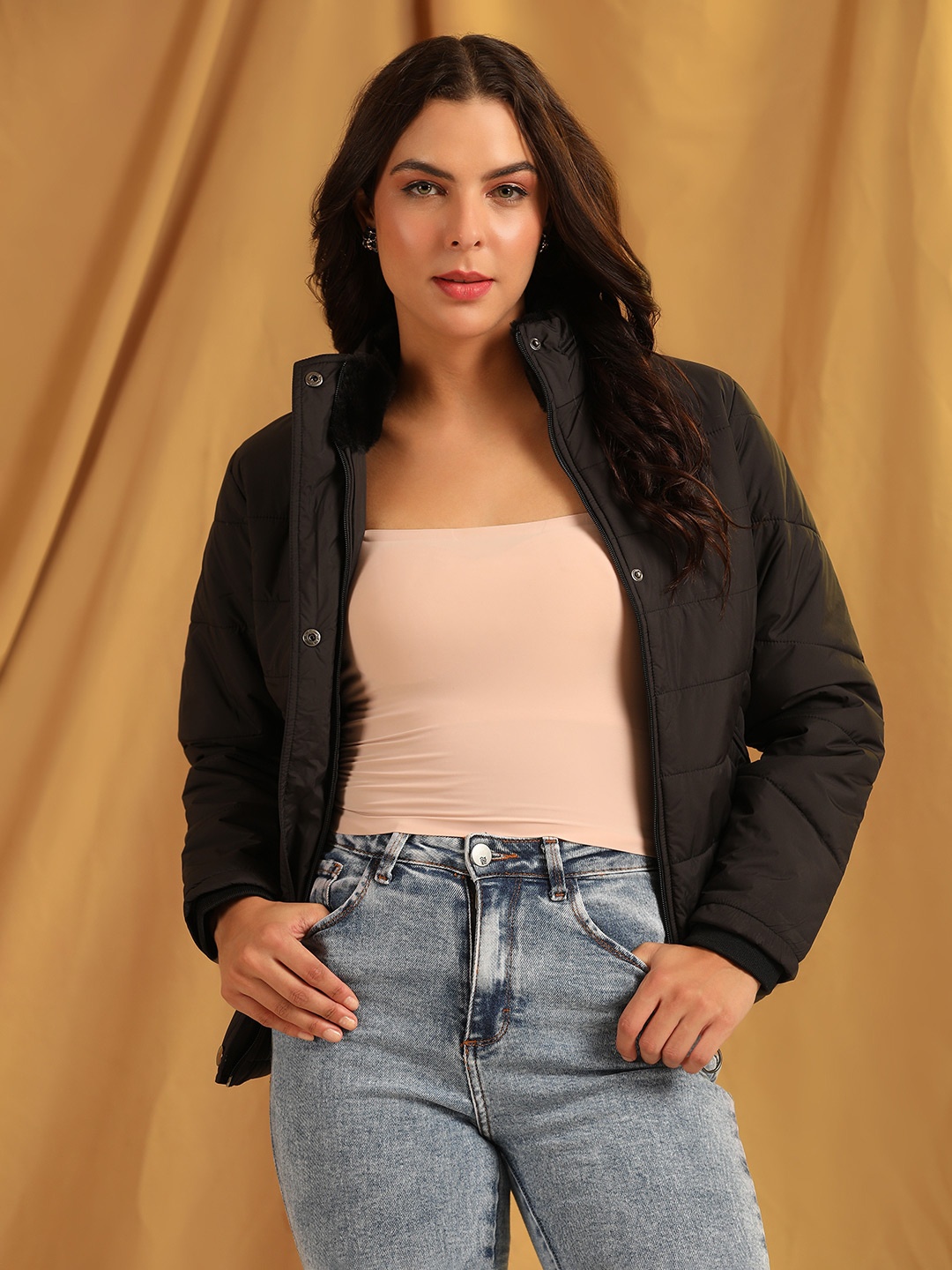 

Cayman Women Solid Stand Collar Quilted Jacket, Black