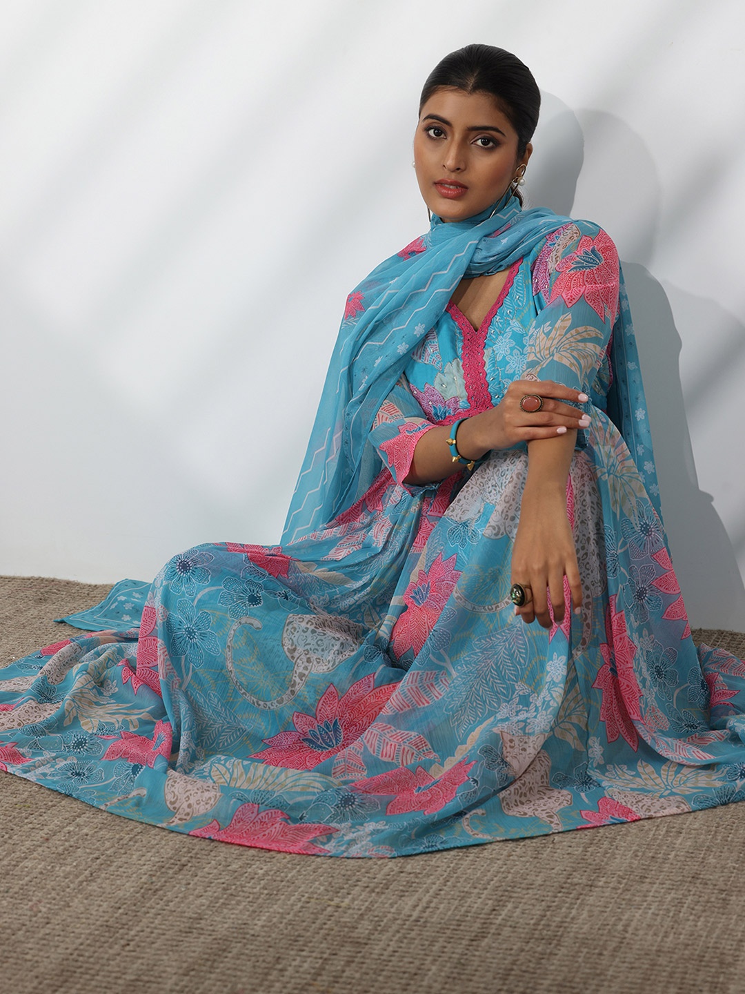 

Libas Floral Printed V-Neck Beads and Stones A-Line Kurta With Palazzos & Dupatta, Blue