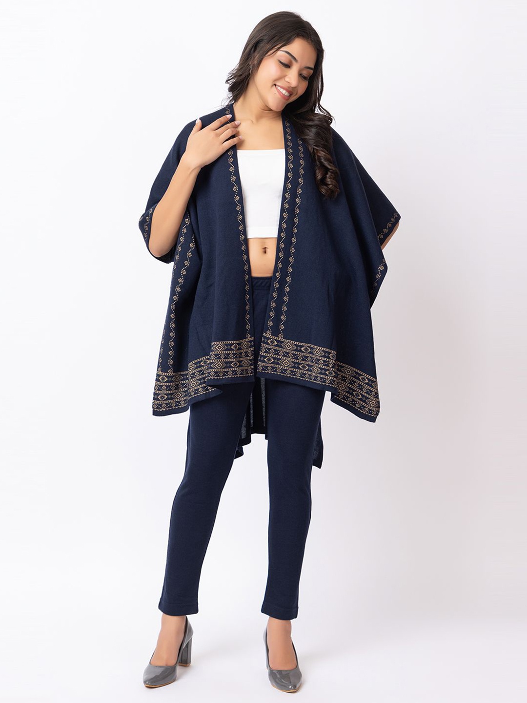 

KEIKO Women Self Design Long Sleeves Shrug, Navy blue
