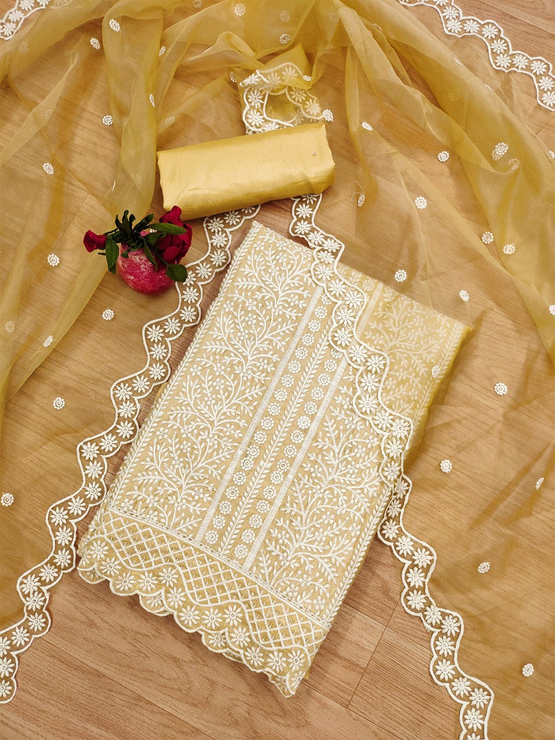 

KALINI Embroidered Unstitched Dress Material, Beige
