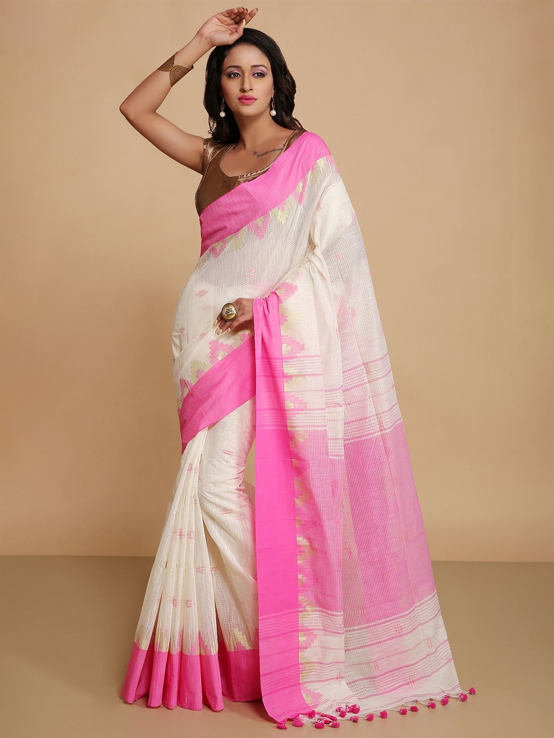 

WoodenTant Ethnic Motifs Silk Cotton Saree, Off white