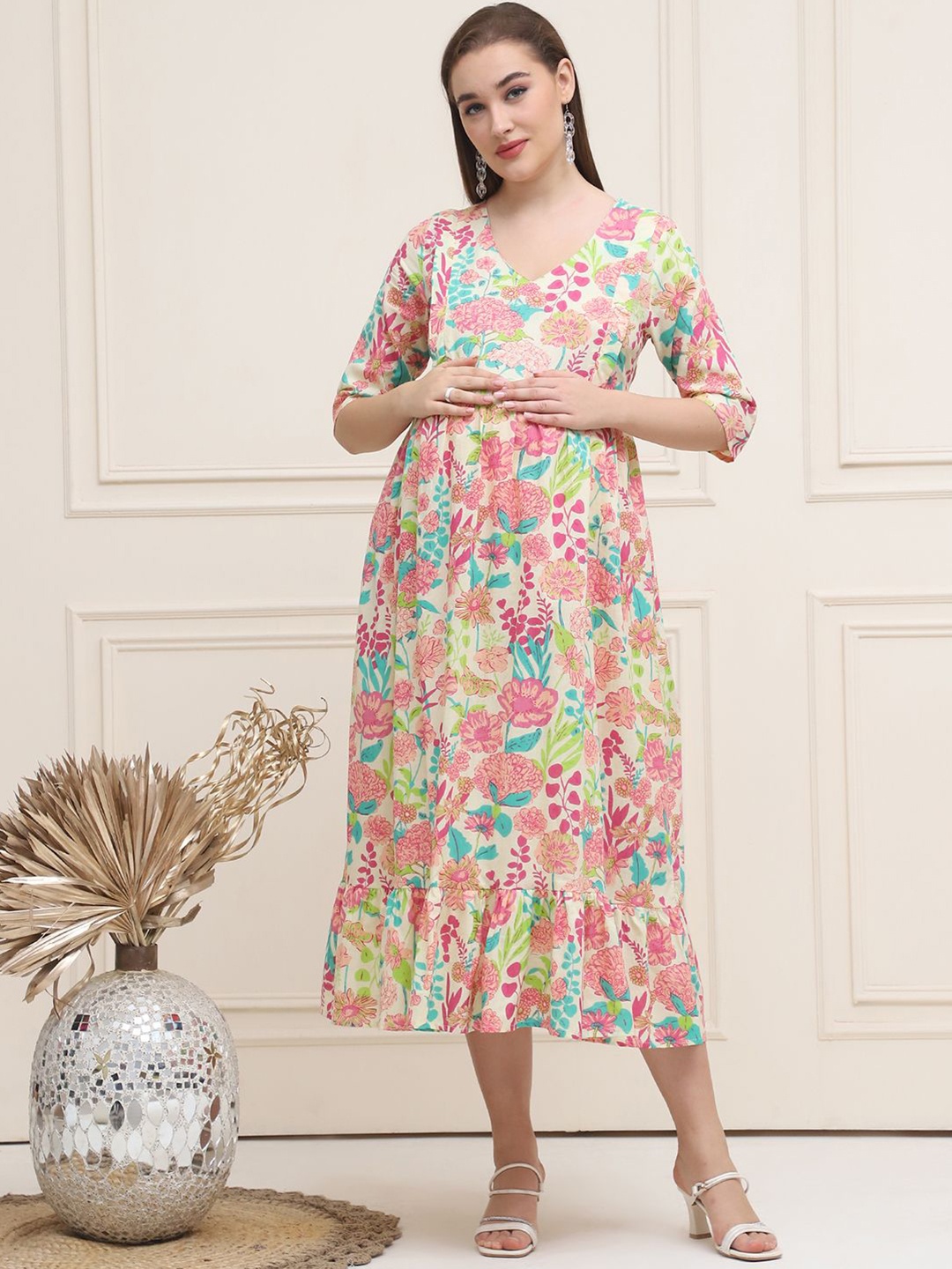 

Frempy Women Floral Print Maternity A-Line Midi Dress, Multi