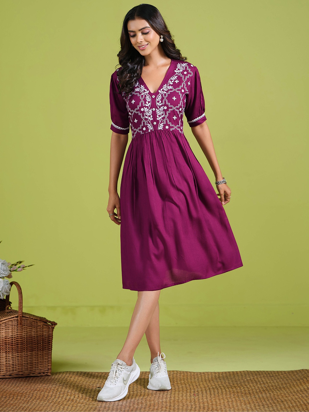 

Sangria Ethnic Motifs Embroidered Fit & Flare Knee Length Dresses, Burgundy