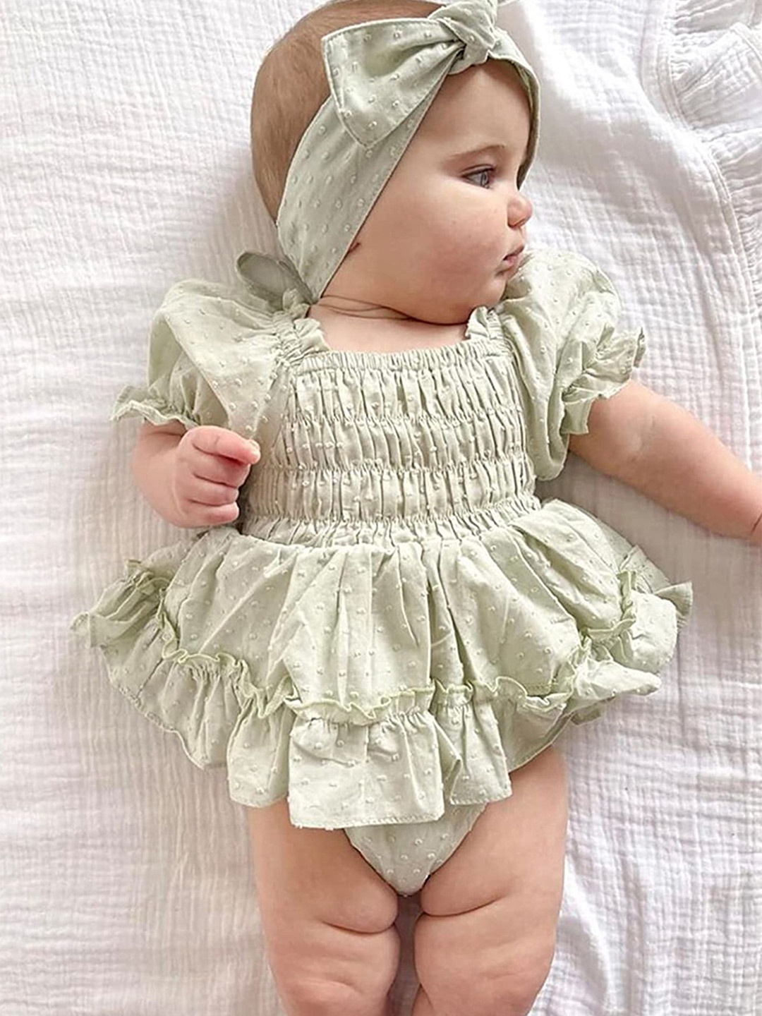 

LULU & SKY Girls Self-Design Smocked Cotton Bodysuit With Hairband, Green