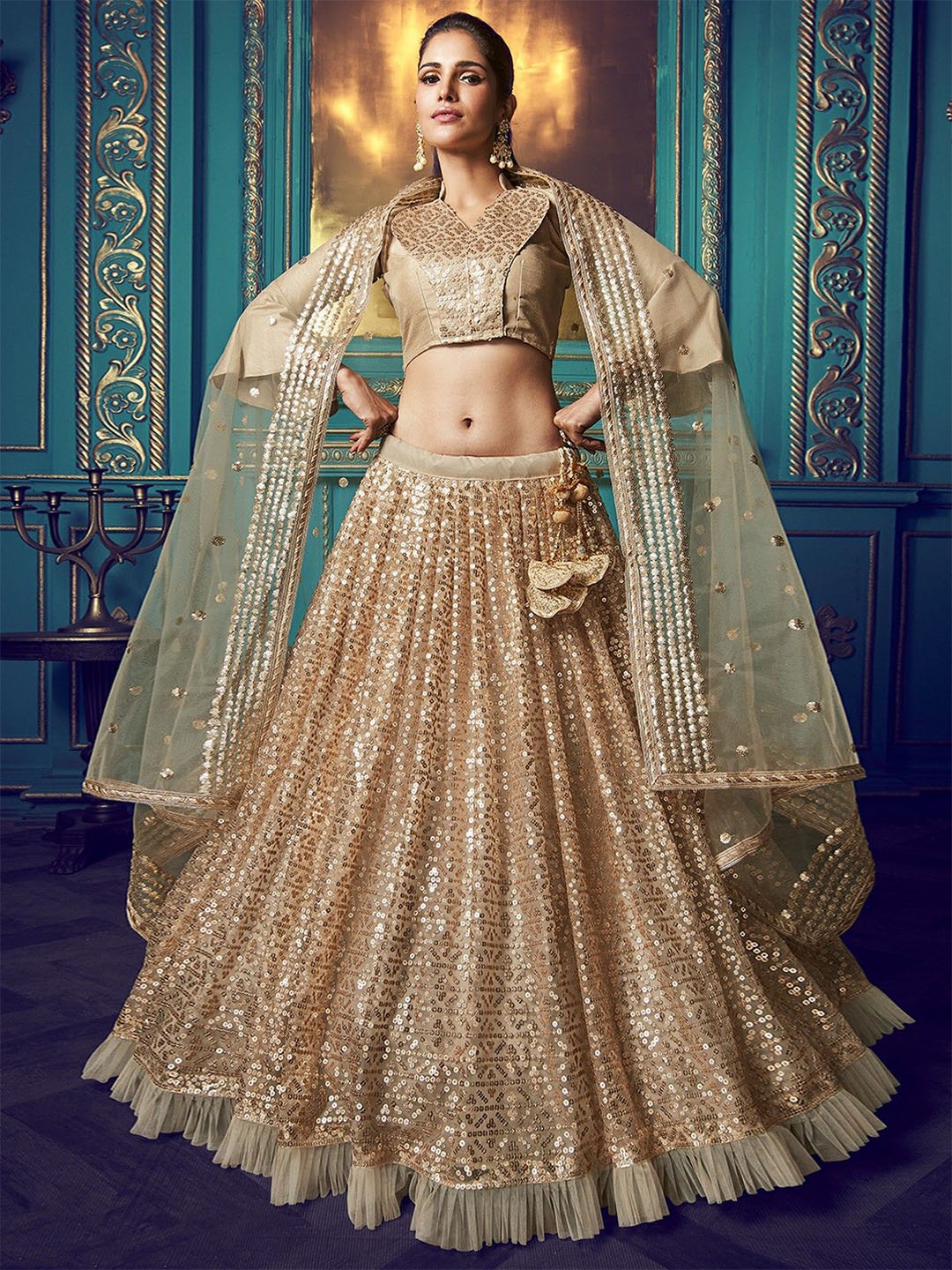 

ODETTE Embellished Sequinned Semi-Stitched Lehenga & Blouse With Dupatta, Beige