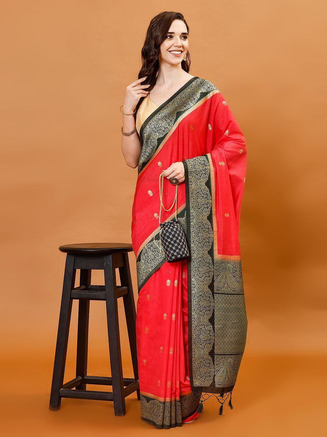 

Meena Bazaar Woven Design Zari Art Silk Saree unstitched blouse piece, Red