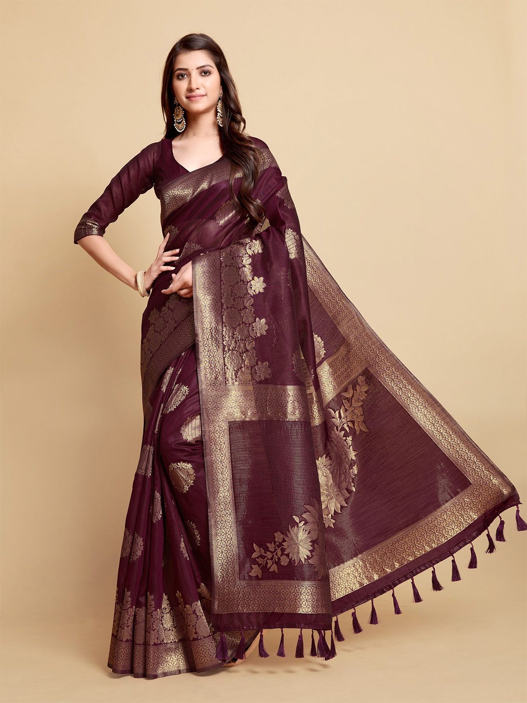 

MAHALASA Ethnic Motifs Zari Linen Blend Chanderi Saree with unstitched blouse piece, Purple