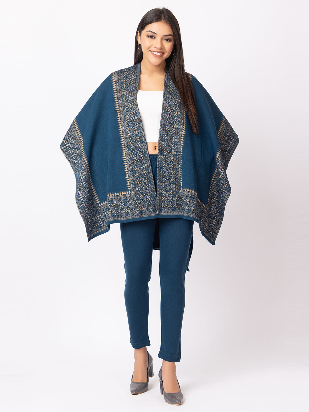 

KEIKO Self Design Open Front Shrug, Blue