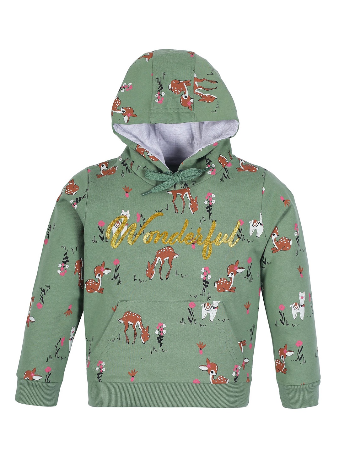 

PLUM TREE Girls Conversational Printed Hood Cotton Pullover Sweatshirt, Green