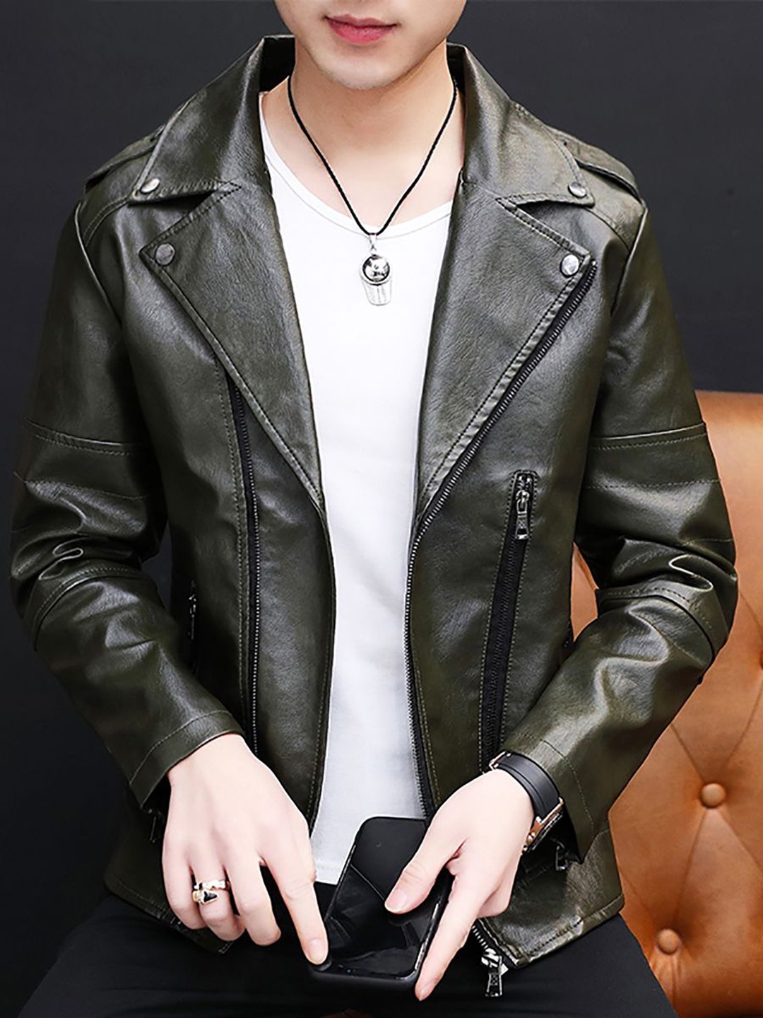 

StyleCast x Revolte Men Lapel Collar Solid PU Casual Leather Jacket, Green