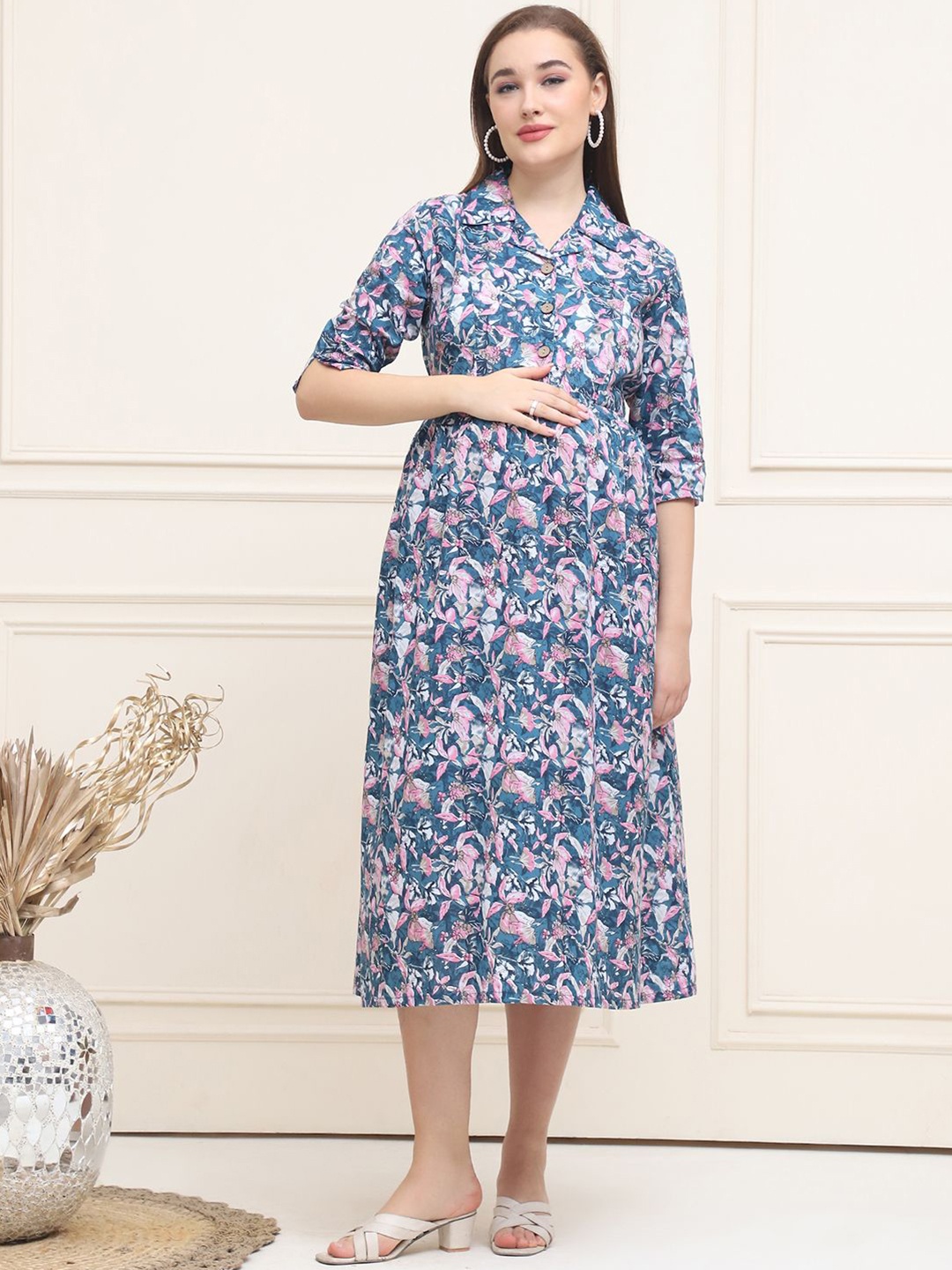 

Frempy Women Floral Print Maternity A-Line Midi Dress, Blue
